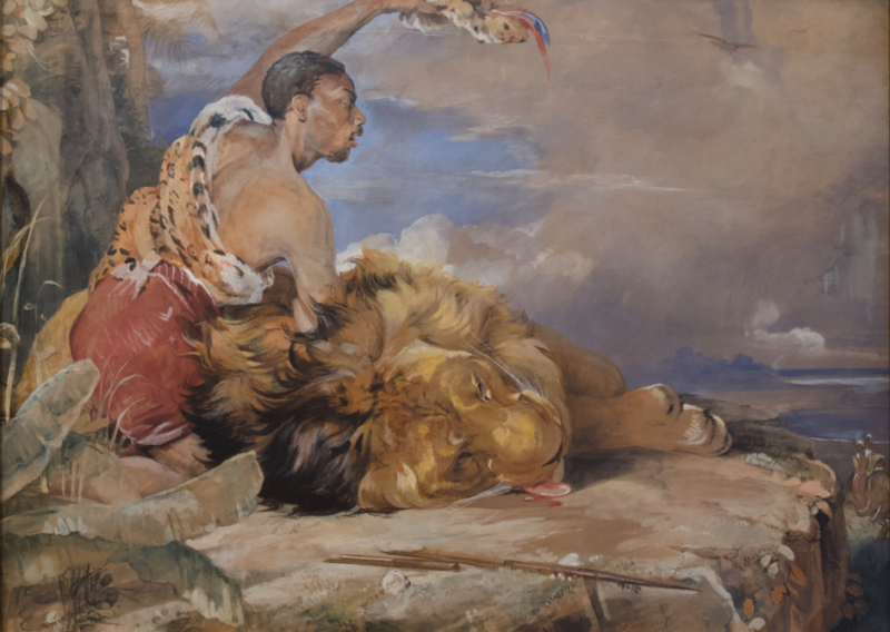 Africano con leone morto