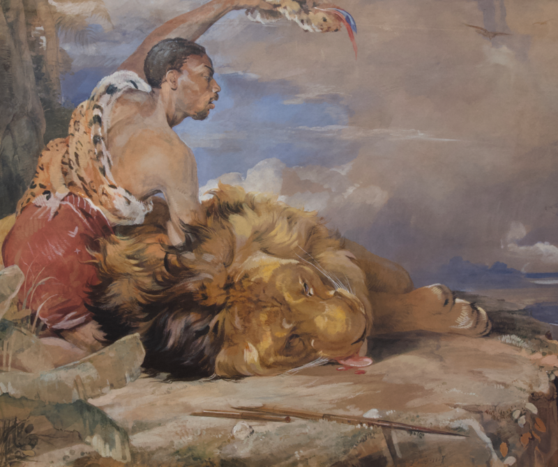 Africano con leone morto