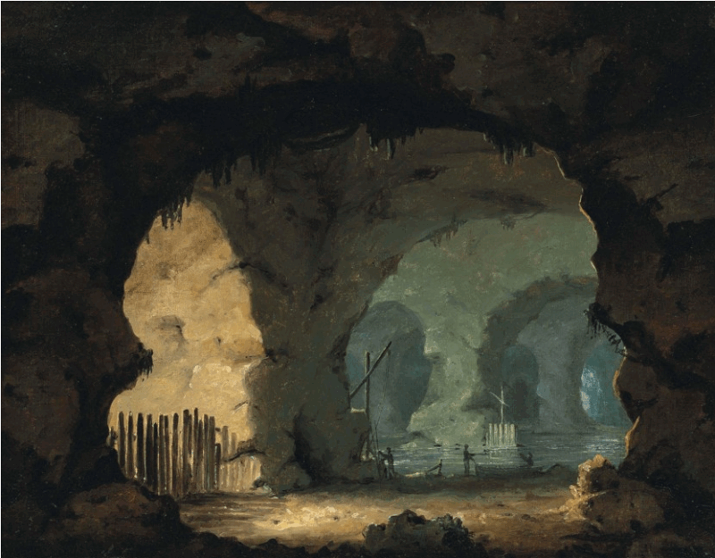 Una caverna sul mare con figure e barche
